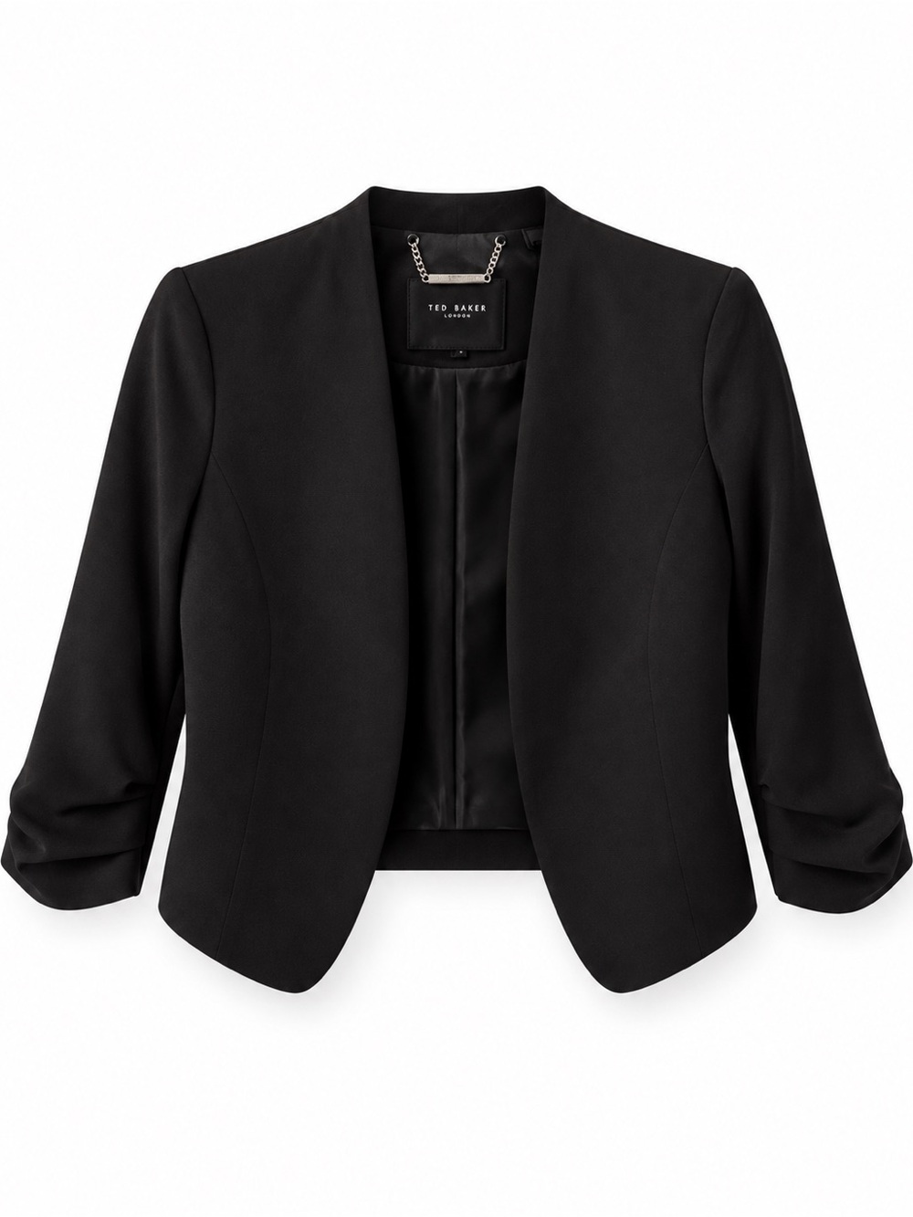 Ted Baker London Black Cropped Blazer XS Ruched Sleeve Floral Lining